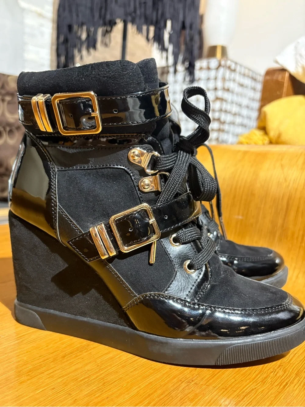 ShoeDazzle Black High-Top Wedge Sneakers Multi-Strap Gold Buckles Size 6